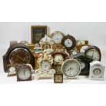 Four boxes of mantle clocks, having manual wind and quartz movements, to include an inlaid