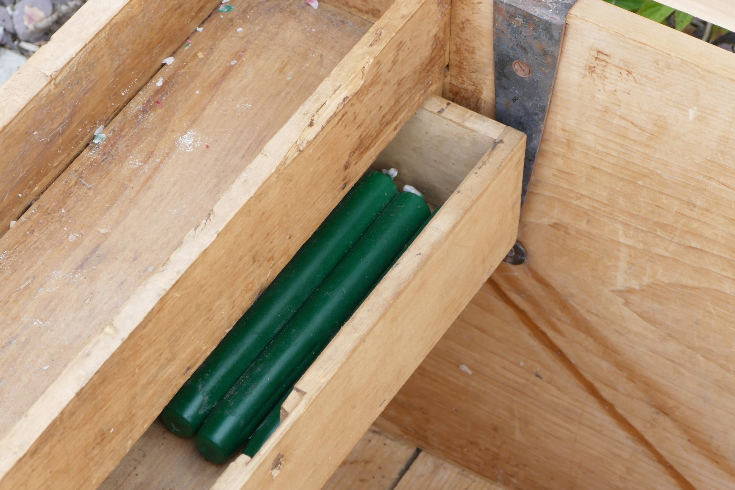 A Victorian stripped pine blanket box, hinged paneled lid opening to reveal two fitted candle - Image 2 of 5