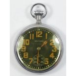 Waltham, a War Department WWII era open face keyless wind pocket watch, signed black dial, screw