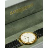 Longines, a gilt metal quartz gentleman's wristwatch, leather strap, 30mm, box