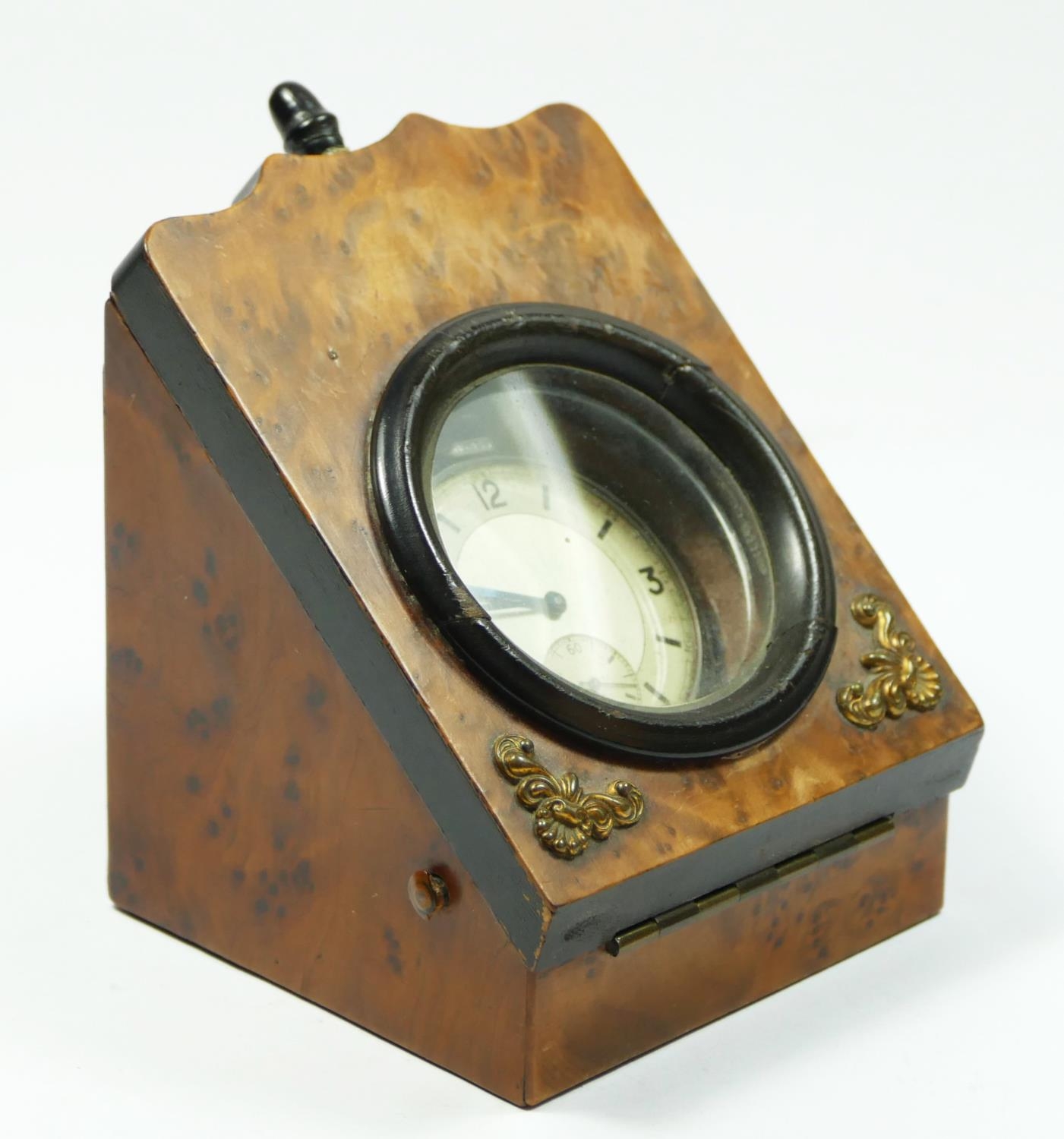 A 1940's chrome plated open face keyless wind pocket watch, contained in a burr walnut desk case. - Image 2 of 6