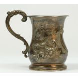A Victorian silver christening mug, Birmingham 1855, of baluster form with embossed decoration,