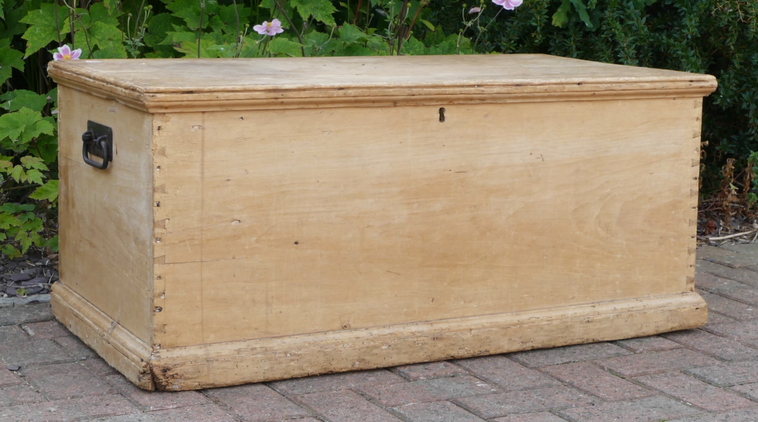 A Victorian stripped pine blanket box, hinged paneled lid opening to reveal two fitted candle