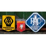 Three enamel signs, motoring related, to include AA Breakdown Service, 18cm x 23cm, RAC Get-You-Home