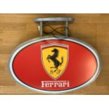 A Ferrari illuminated shop display sign, roof hanging, metal frame with plastic shell, depicting the