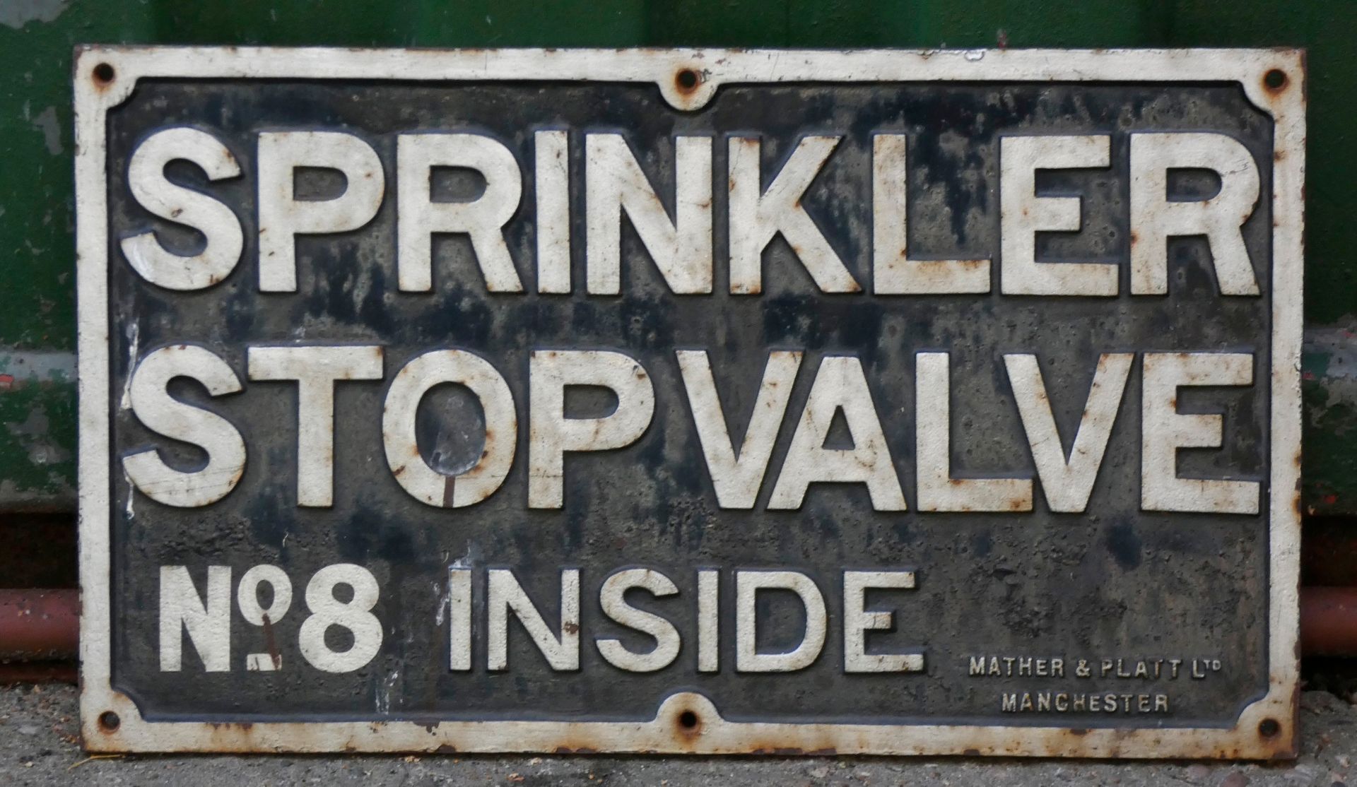 A cast iron single sided sign, Sprinkler Stop Valve No.8 Inside, Matter & Platt, Manchester, 57cm