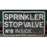 A cast iron single sided sign, Sprinkler Stop Valve No.8 Inside, Matter & Platt, Manchester, 57cm