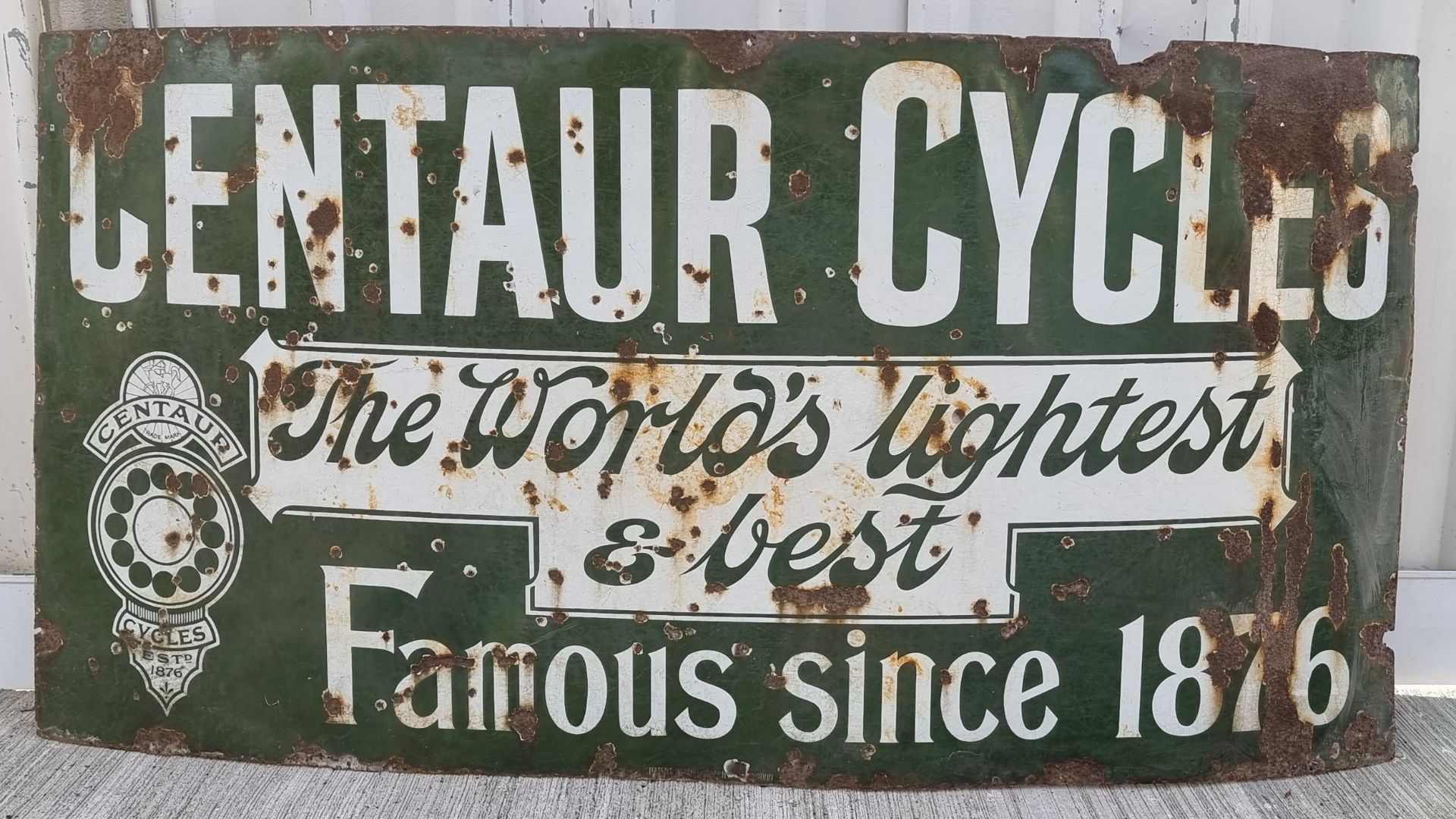 A Centaur Cycles, vintage, vitreous enamel single sided advertising sign, 91 x 183cm