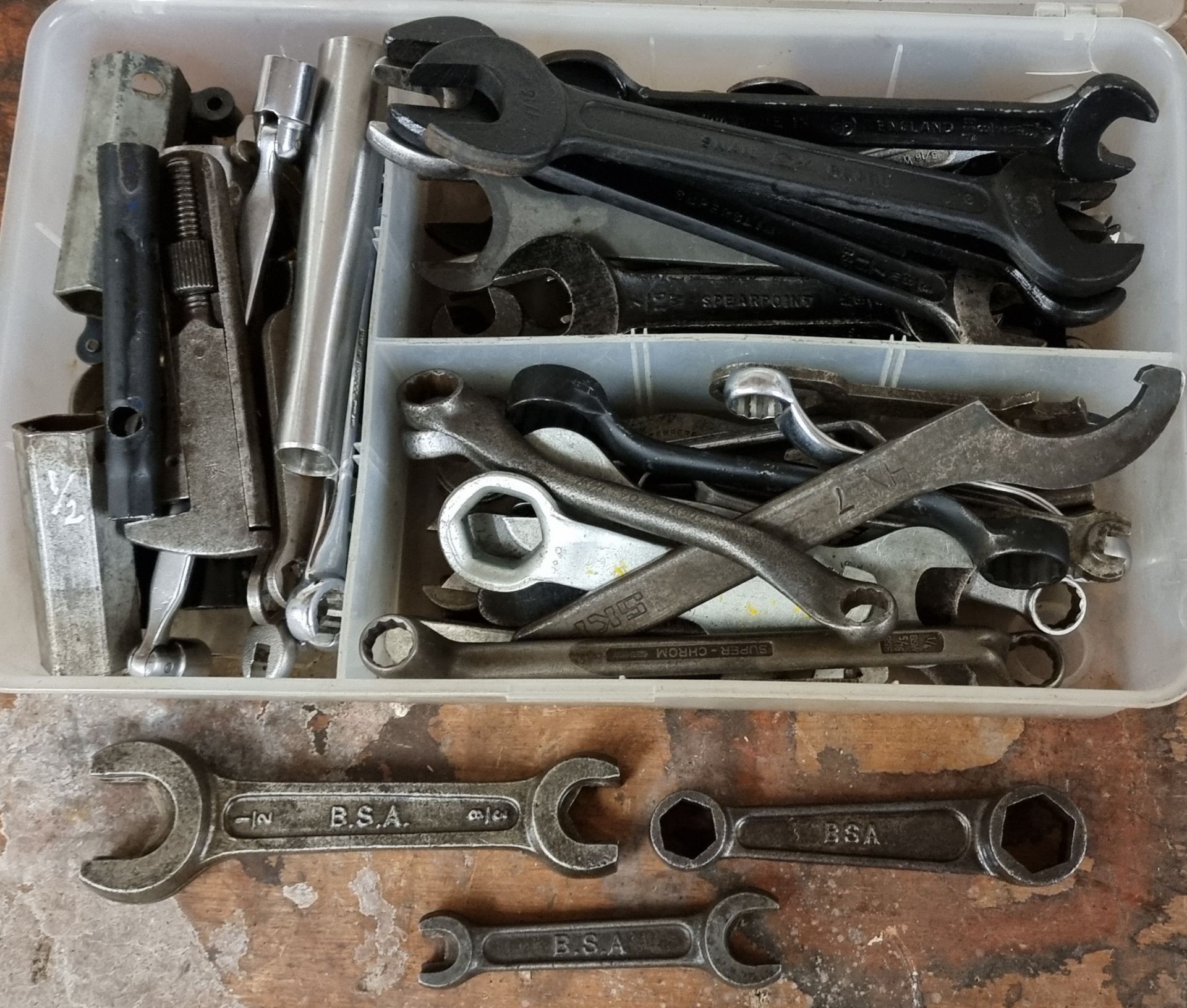 A collection of Whitworth, BSF , BA and other spanners, including three BSA spanners.