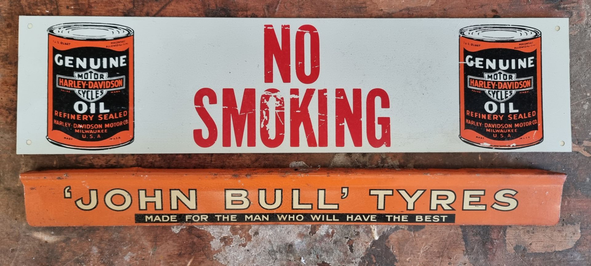 A metal single sided sign, Harley Davidson Genuine Oil, No Smoking, 51cm x 12cm