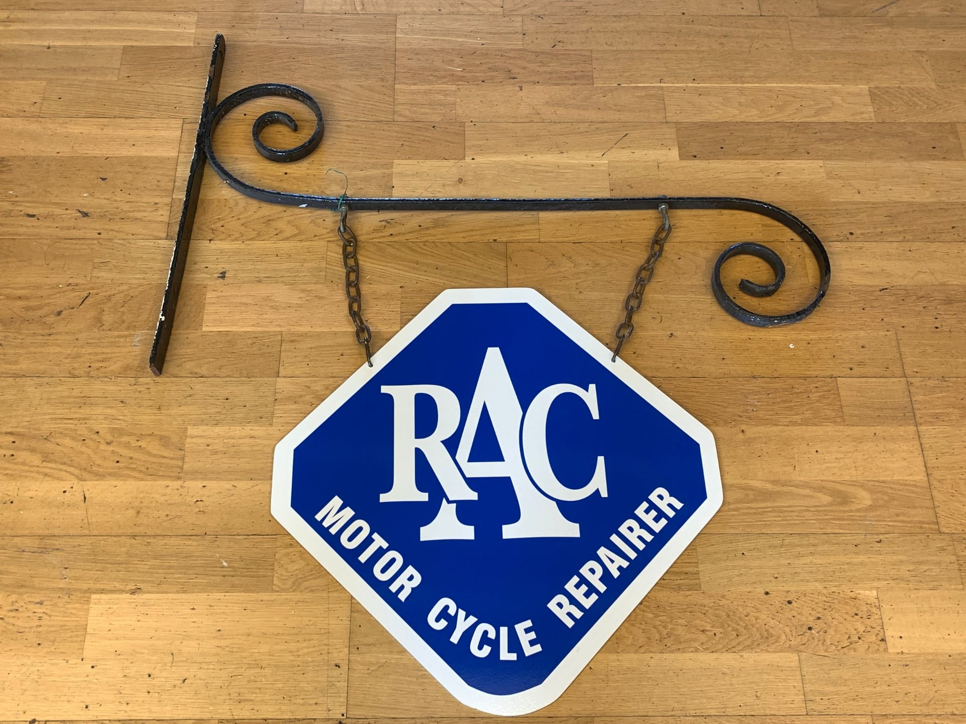 A RAC Motor Cycle Repairer double sided wall hanging sign, metal sign depicting RAC logo, 54cm x