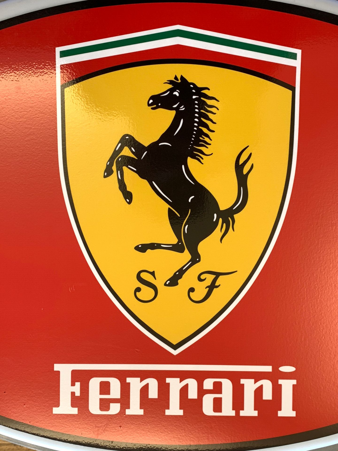 A Ferrari illuminated shop display sign, roof hanging, metal frame with plastic shell, depicting the - Image 3 of 4