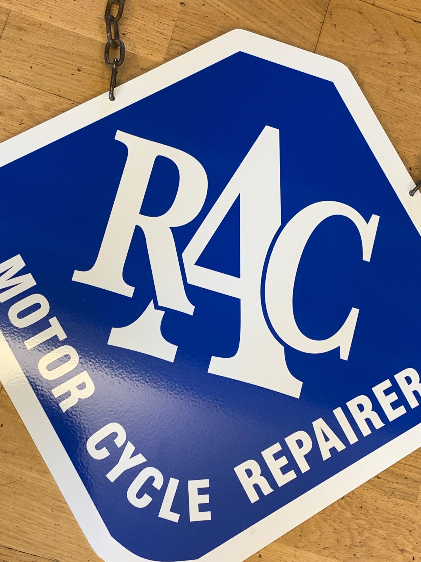 A RAC Motor Cycle Repairer double sided wall hanging sign, metal sign depicting RAC logo, 54cm x - Image 3 of 3