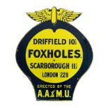 An original single sided vitreous enamel AA distance sign for Foxholes, Yorkshire, Driffield, 10 1/