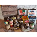 A collection of automobilia tins and cans, including 5 wooden Craft Cheese trays