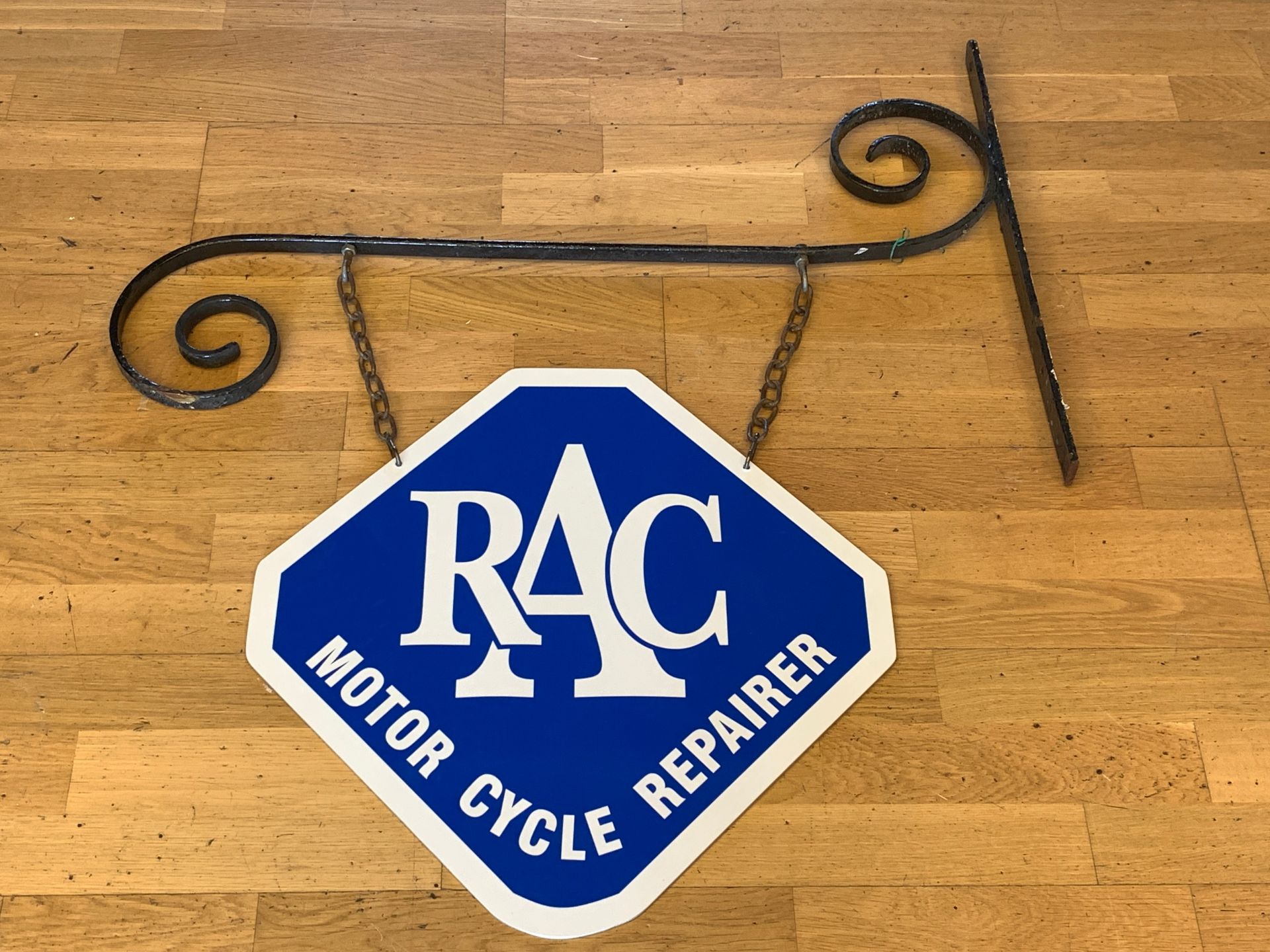 A RAC Motor Cycle Repairer double sided wall hanging sign, metal sign depicting RAC logo, 54cm x - Image 2 of 3