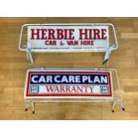 Two car roof mounted signs, Herbie Hire Sunderland and Car Care Plan, together with a wall mounted