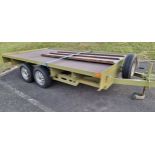 A twin axle open trailer, bed 198 x 365cm, two car ramps, spare wheel, manual winch, sturdy chassis,