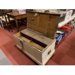 An early 20th century painted pitch pine carpenters tool chest, with fitted interior. W89cm,