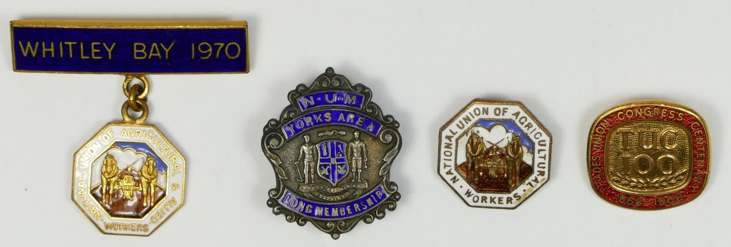 A silver and enamel N.U.M. Yorks Area Long Membership badge, a metal TUC 100 badge and two enamel