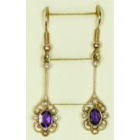 A pair of 9ct gold, amethyst and pearl ear pendants, 28mm, 3.1gm