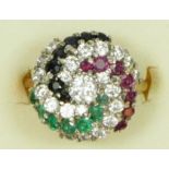 A 9ct gold, ruby, sapphire, emerald and clear gemstone swirl domed cluster ring, L, 4.9gm