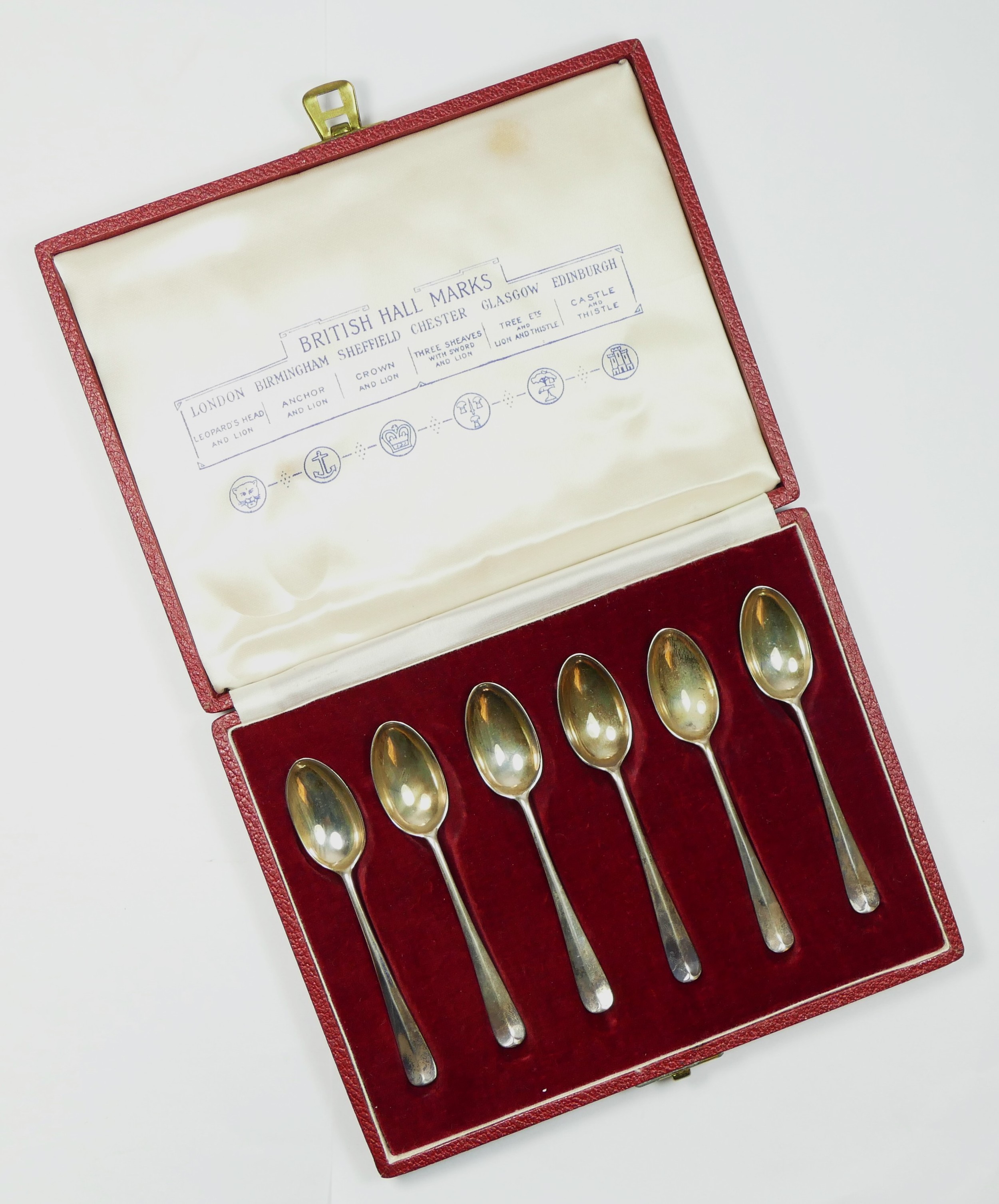 A silver set of British Hallmark tea spoons, 1953, Coronation mark, case