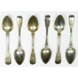 A George III Provincial set of six silver tea spoons, by Thomas Watson, Newcastle, 1804, initialled,