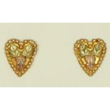 A pair of 9ct three colour gold heart shape ear studs, 1gm.
