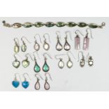 A 925 silver and abalone shell panel link bracelet, two pairs of abalone ear rings, and eight
