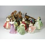 Four Royal Doulton figures, to include Fair Lady, Ascot, Southern Belle and Innocence, with other