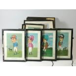 A set of six mid 20th century framed prints depicting horse jockeys, together with advertising