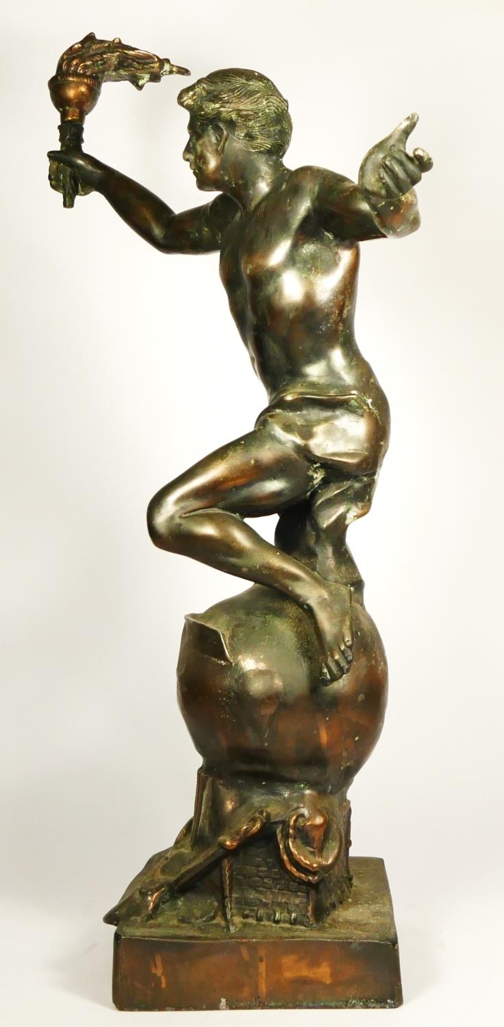 L'Aviation, an early 20th century bronzed spelter trophy/statue, depicting a youth holding a flaming - Image 5 of 7