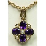 A 9ct gold Victorian style amethyst and half pearl cluster pendant, 14 x 14mm, chain, 4.3gm