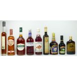 Nine bottles of alcohol, to include Southern Comfort rum, 70cl, Three Barrels brandy, 1000cl,