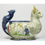 Julius Dressler, Biela, Austria, an early 20th century majolica Archaic ram and dragon vase,