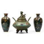 A Japanese pair of cloisonne baluster vases, one A/F, 15cm and a bronze and cloisonne Koro, with dog
