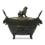 A 19th century Chinese bronze censor, with a dragon to one panel and a crane to the other, dragon