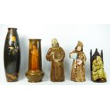 Le Moine Legendaire, a French liquor bottle in the form of a monk, 30cm and four other pottery