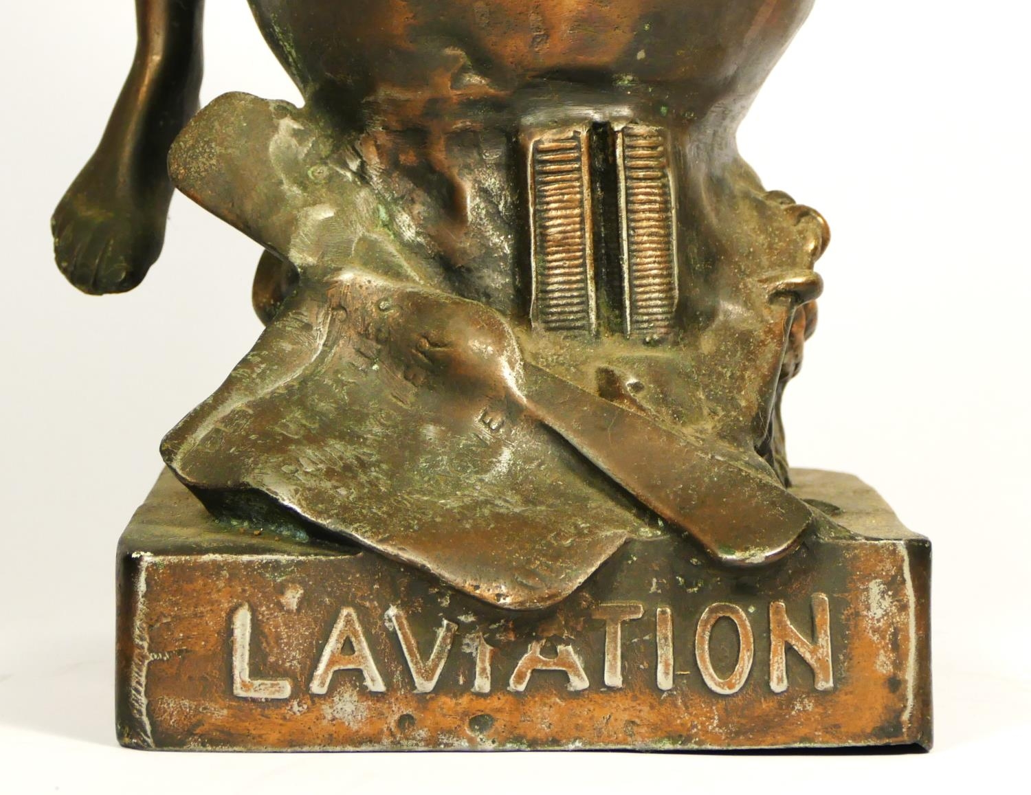 L'Aviation, an early 20th century bronzed spelter trophy/statue, depicting a youth holding a flaming - Image 3 of 7