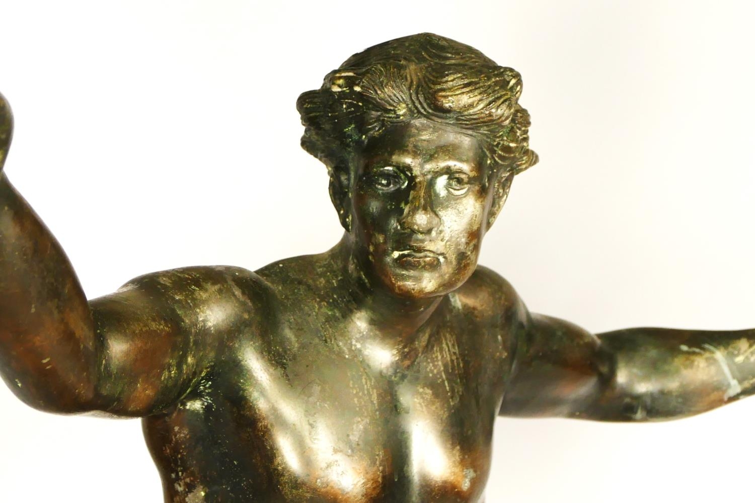 L'Aviation, an early 20th century bronzed spelter trophy/statue, depicting a youth holding a flaming - Image 2 of 7