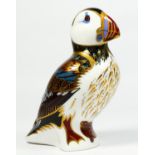 A Royal Crown Derby paperweight modelled as a puffin, silver button, 11.5cm tall.