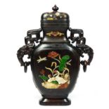 A Chinese hardwood baluster vase, probably Republican period, one side with mother of pearl and