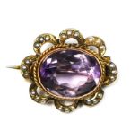A Victorian 9ct gold amethyst and half pearl oval cluster brooch, 9ct tab, 19 x 16mm, 2.2gm