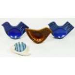 Hornsea pottery ashtrays by John Clappison, in the form of stylised birds, blue & brown glaze with