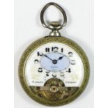 A nickel cased eight day visible escapement pocket watch, spares or repair