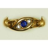 A Victorian 18ct gold sapphire and diamond three stone ring, Birmingham 1898, 3.6gm