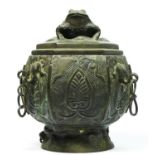 A Chinese bronze octagonal baluster storage jar, with frog finial, 18cm.