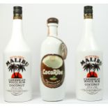 Two bottles of Malibu Caribbean White rum with coconut (original version of label), 1 litre,
