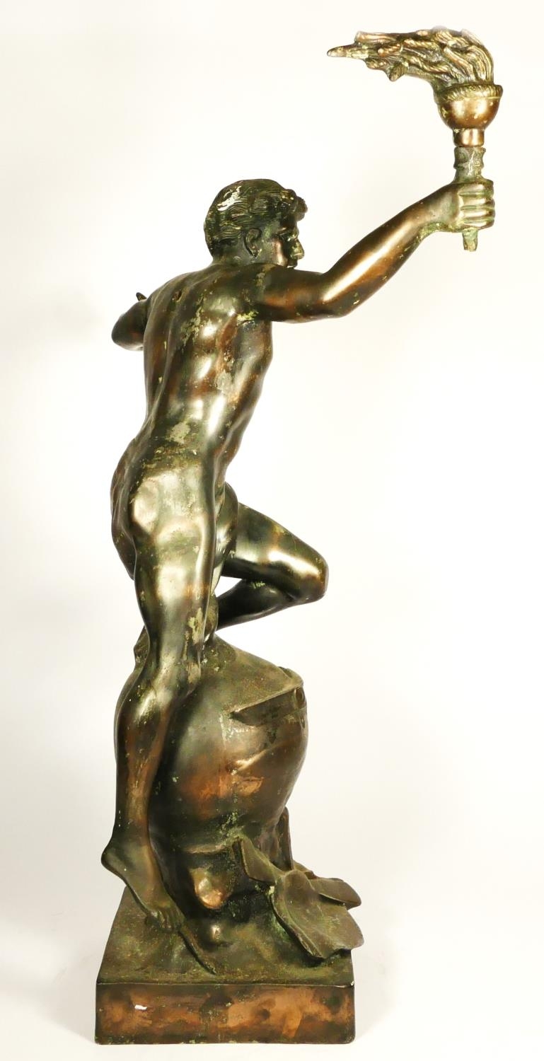 L'Aviation, an early 20th century bronzed spelter trophy/statue, depicting a youth holding a flaming - Image 7 of 7